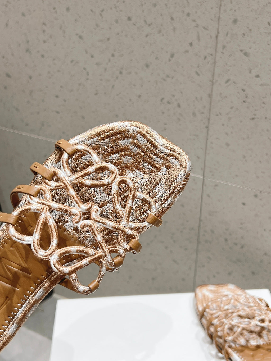 LOEWE 26S BRAIDED CAGE SLIDE SANDALS IN TAN BROWN CALFSKIN