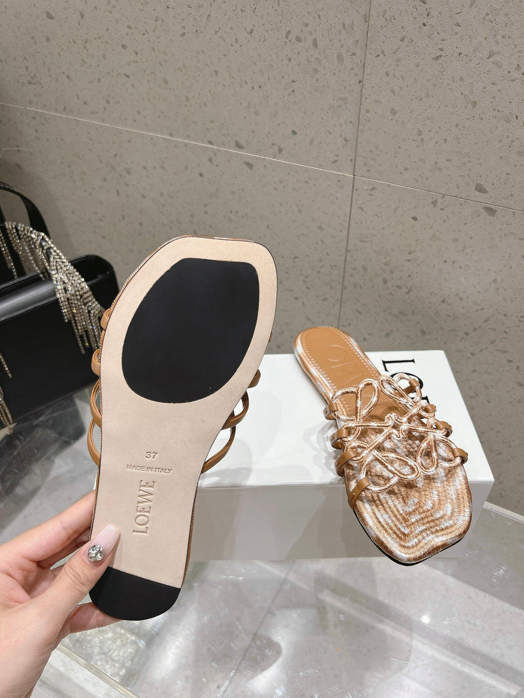 LOEWE 26S BRAIDED CAGE SLIDE SANDALS IN TAN BROWN CALFSKIN