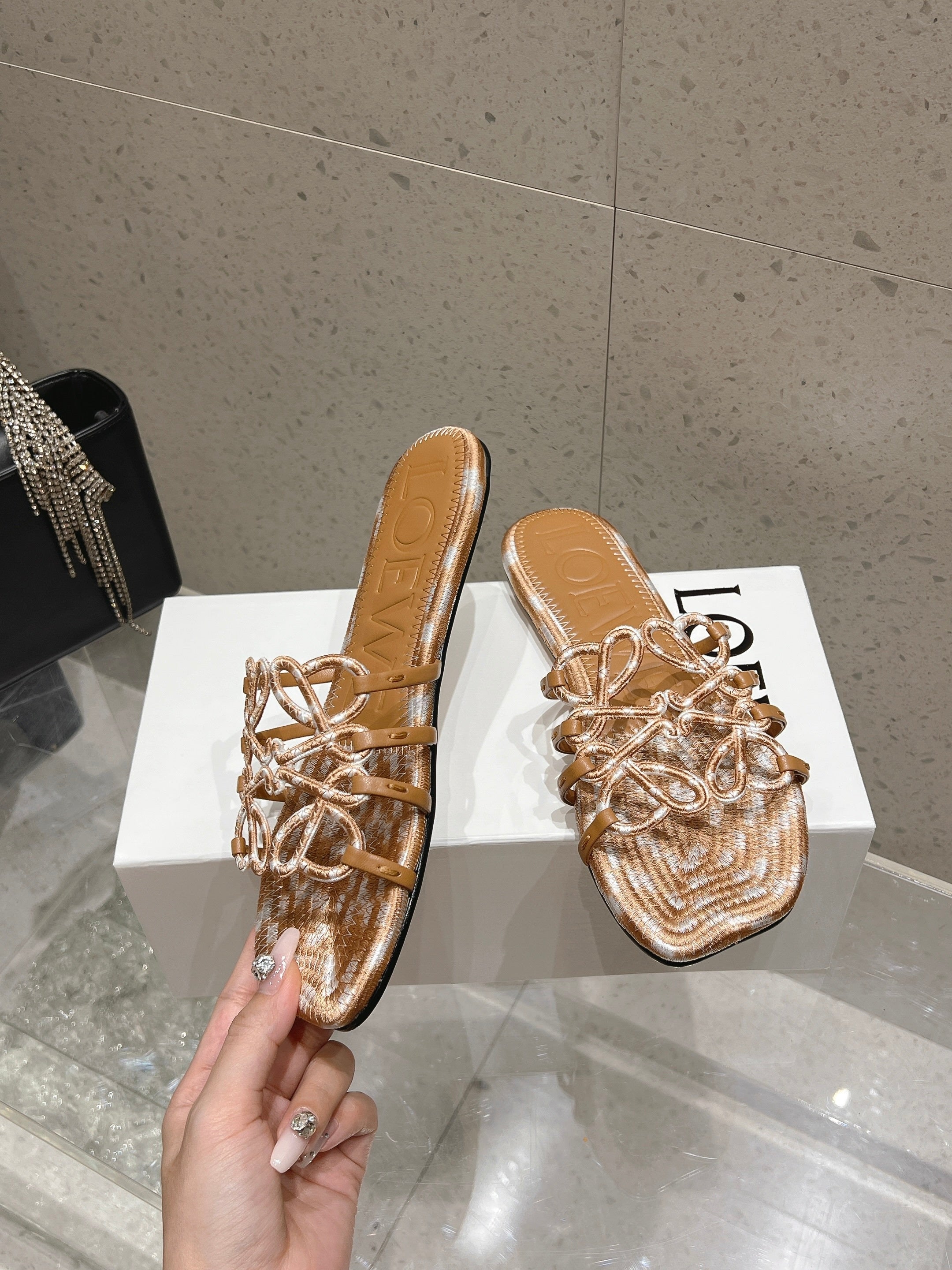 LOEWE 26S BRAIDED CAGE SLIDE SANDALS IN TAN BROWN CALFSKIN