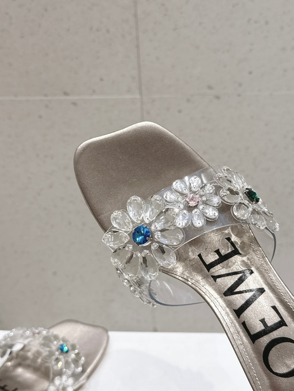 LOEWE 26S MULE HEELS 45MM IN LIGHT GREY PVC WITH CRYSTAL FLORAL