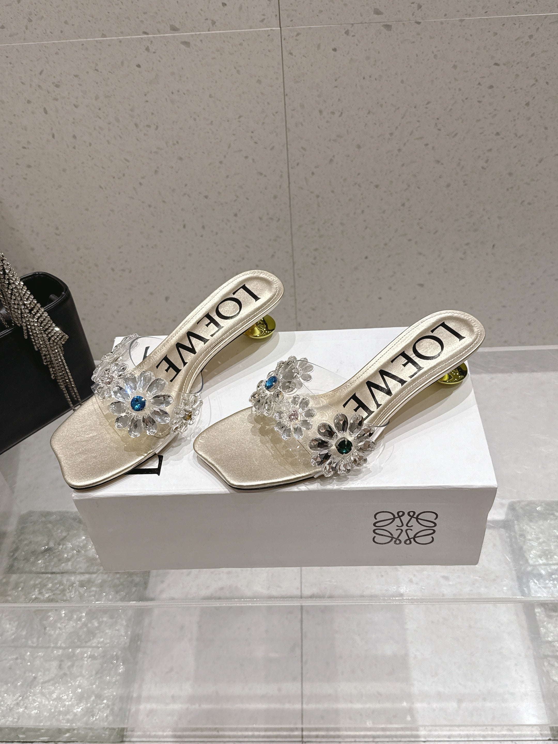 LOEWE 26S MULE HEELS 45MM IN GOLD PVC WITH CRYSTAL FLORAL
