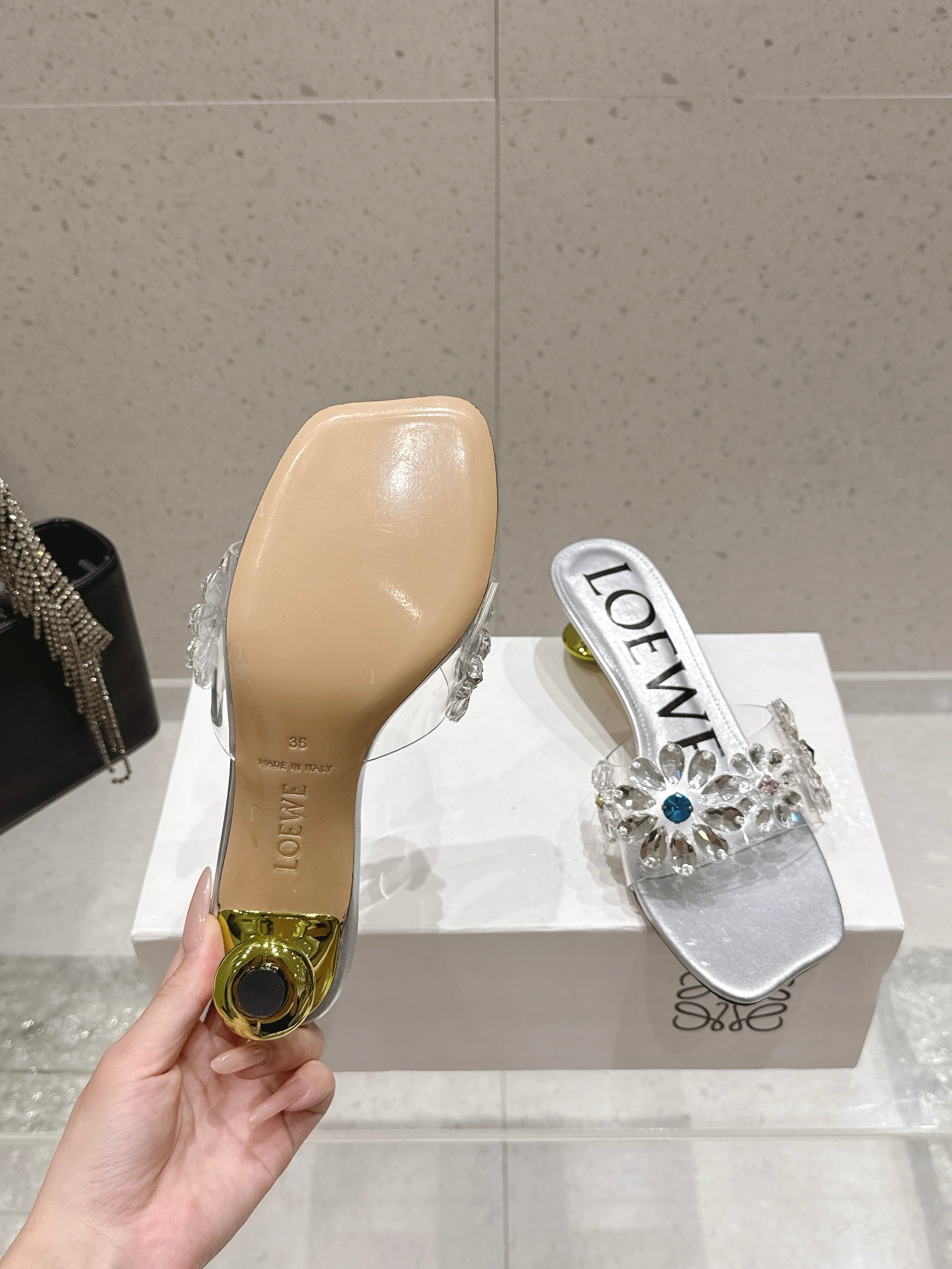 LOEWE 26S MULE HEELS 45MM IN SILVER PVC WITH CRYSTAL FLORAL