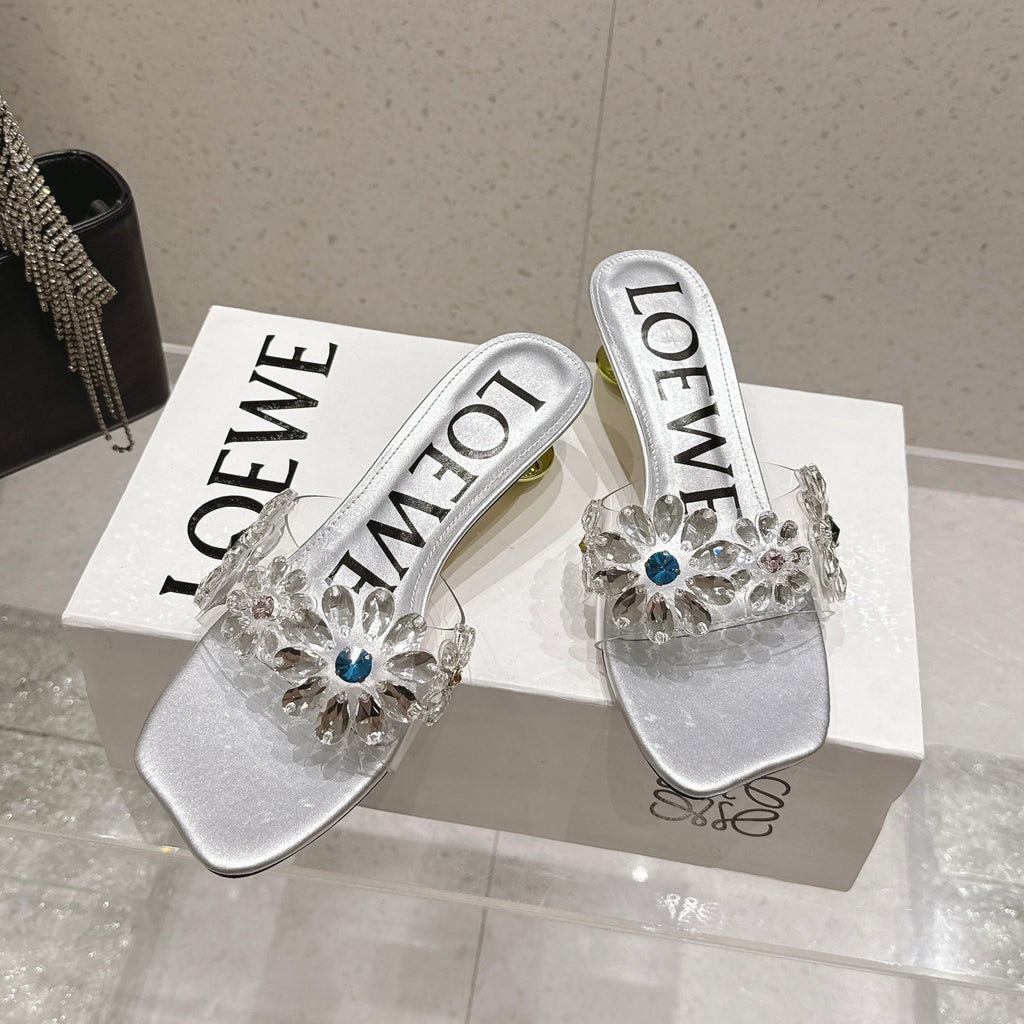 LOEWE 26S MULE HEELS 45MM IN SILVER PVC WITH CRYSTAL FLORAL