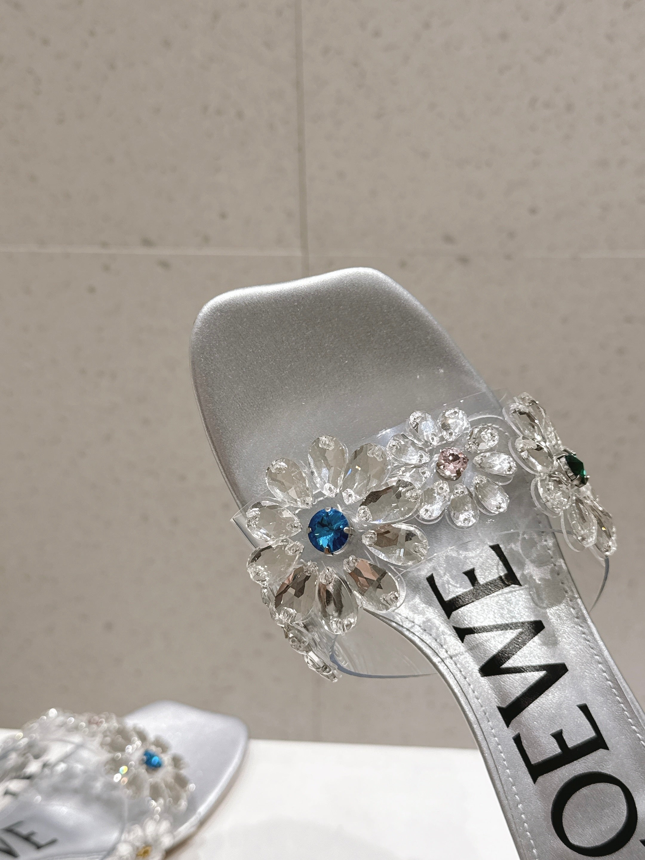 LOEWE 26S MULE HEELS 45MM IN SILVER PVC WITH CRYSTAL FLORAL