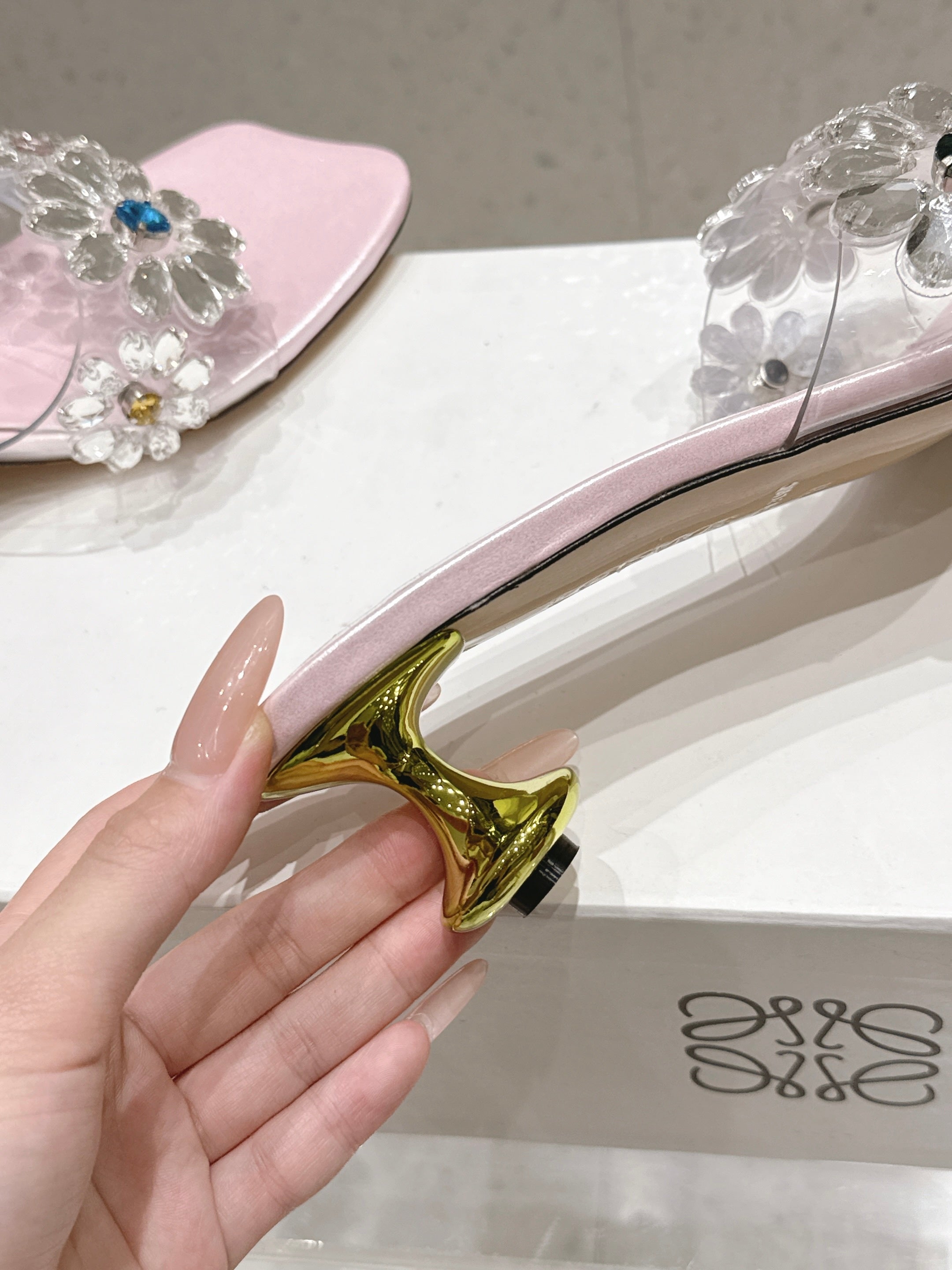 LOEWE 26S MULE HEELS 45MM IN LIGHT PINK PVC WITH CRYSTAL FLORAL