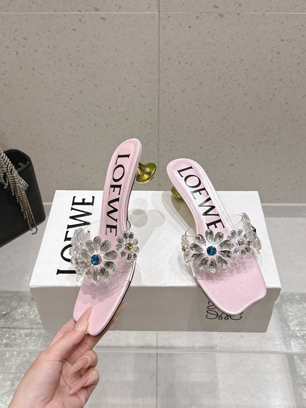 LOEWE 26S MULE HEELS 45MM IN LIGHT PINK PVC WITH CRYSTAL FLORAL