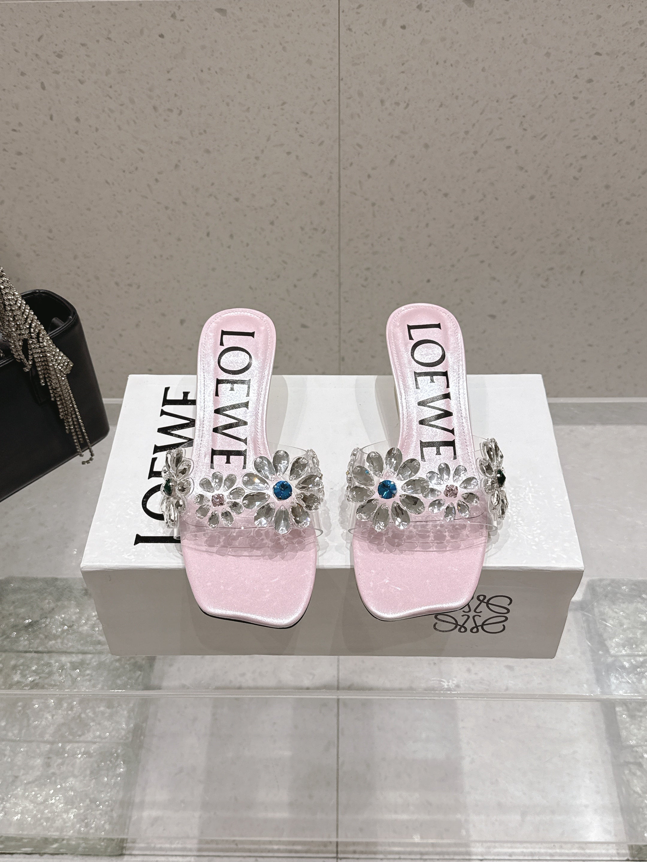 LOEWE 26S MULE HEELS 45MM IN LIGHT PINK PVC WITH CRYSTAL FLORAL