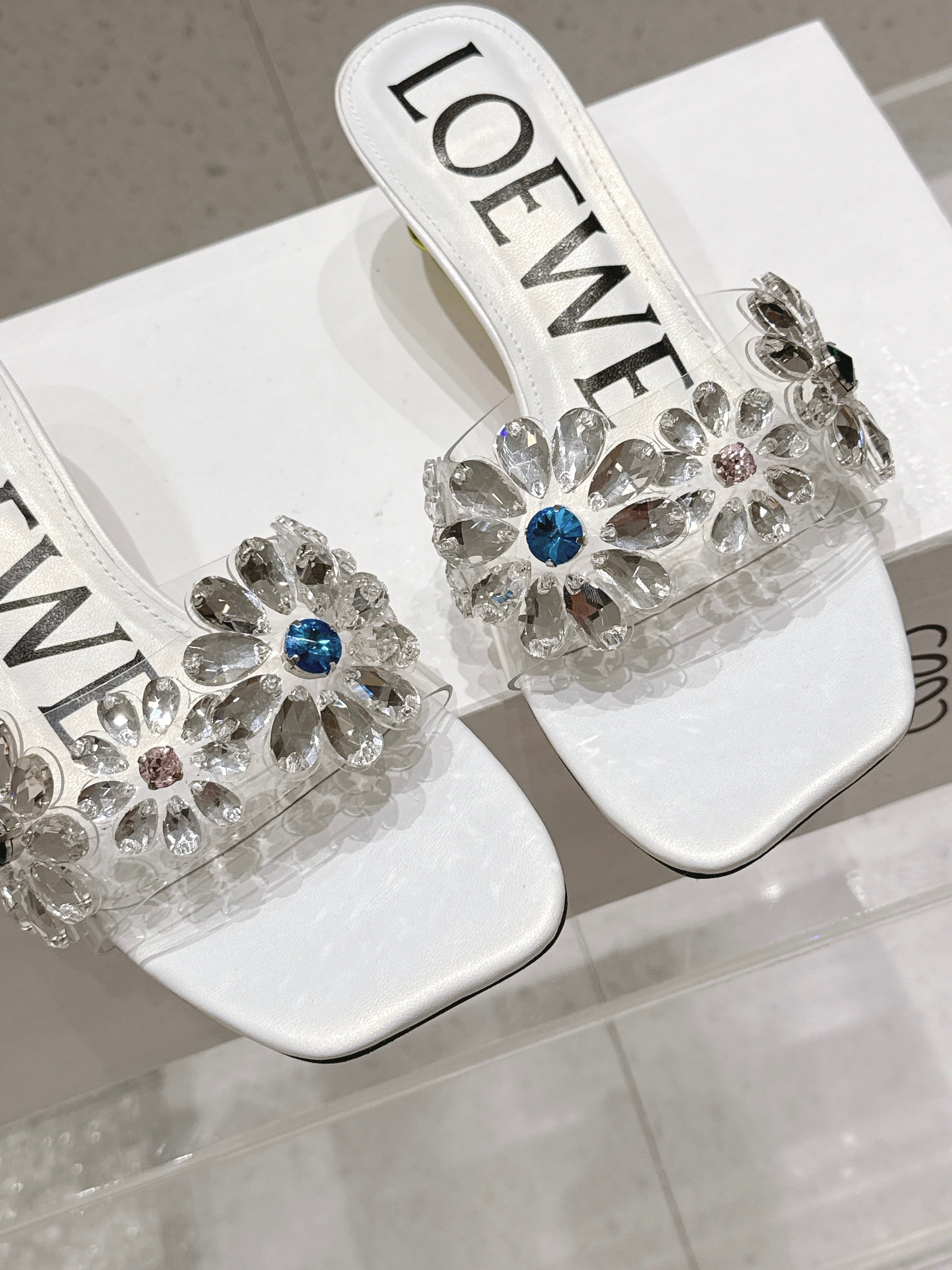 LOEWE 26S MULE HEELS 45MM IN WHITE PVC WITH CRYSTAL FLORAL