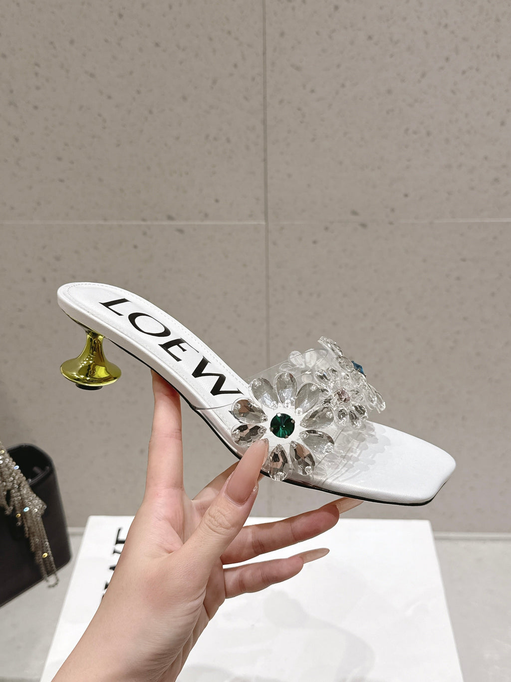 LOEWE 26S MULE HEELS 45MM IN WHITE PVC WITH CRYSTAL FLORAL