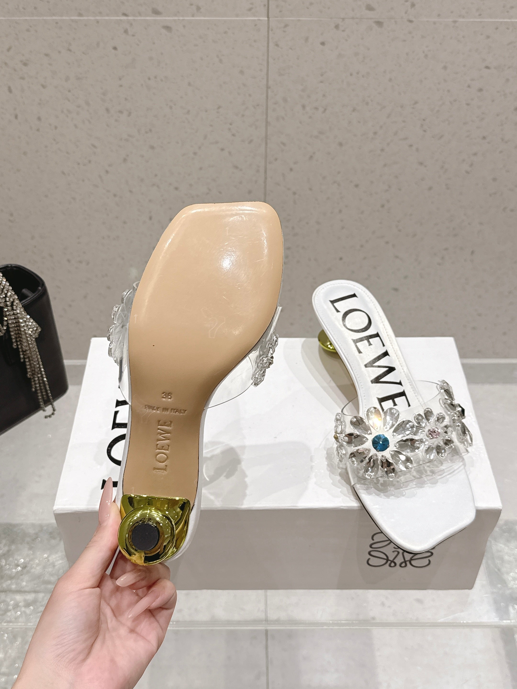 LOEWE 26S MULE HEELS 45MM IN WHITE PVC WITH CRYSTAL FLORAL