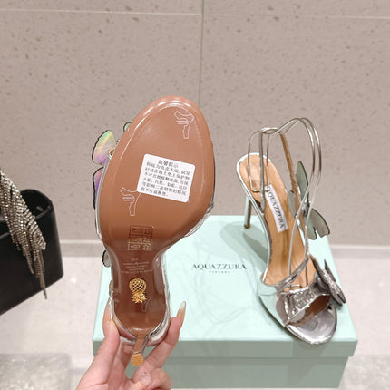 AQUAZZURA 26S BUTTERFLY HEEL SANDALS 100 MM IN SILVER CALFSKIN