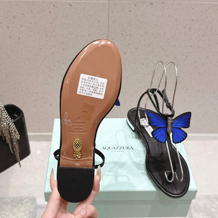 AQUAZZURA 26S BUTTERFLY THONG SANDALS IN BLACK LAMBSKIN