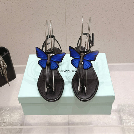 AQUAZZURA 26S BUTTERFLY THONG SANDALS IN BLACK LAMBSKIN