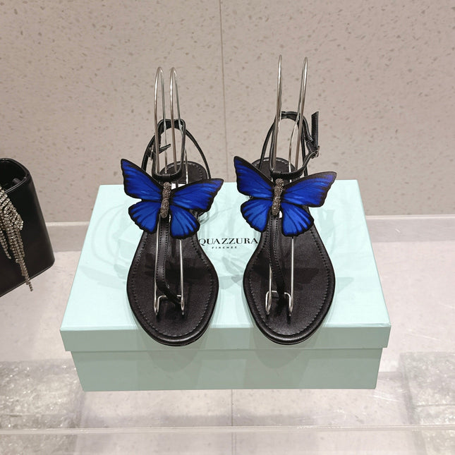 AQUAZZURA 26S BUTTERFLY THONG SANDALS IN BLACK LAMBSKIN
