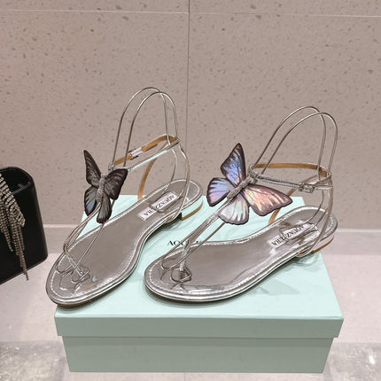 AQUAZZURA 26S BUTTERFLY THONG SANDALS IN SILVER LAMBSKIN