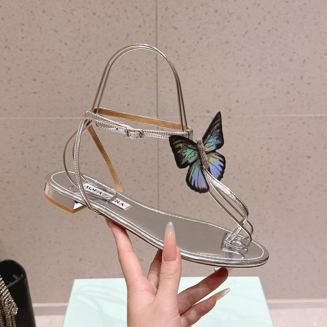 AQUAZZURA 26S BUTTERFLY THONG SANDALS IN SILVER LAMBSKIN