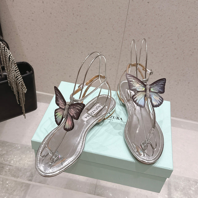 AQUAZZURA 26S BUTTERFLY THONG SANDALS IN SILVER LAMBSKIN