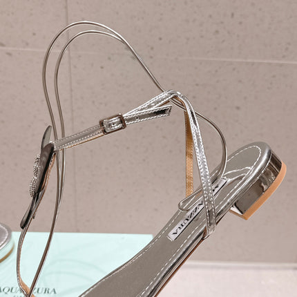 AQUAZZURA 26S BUTTERFLY THONG SANDALS IN SILVER LAMBSKIN