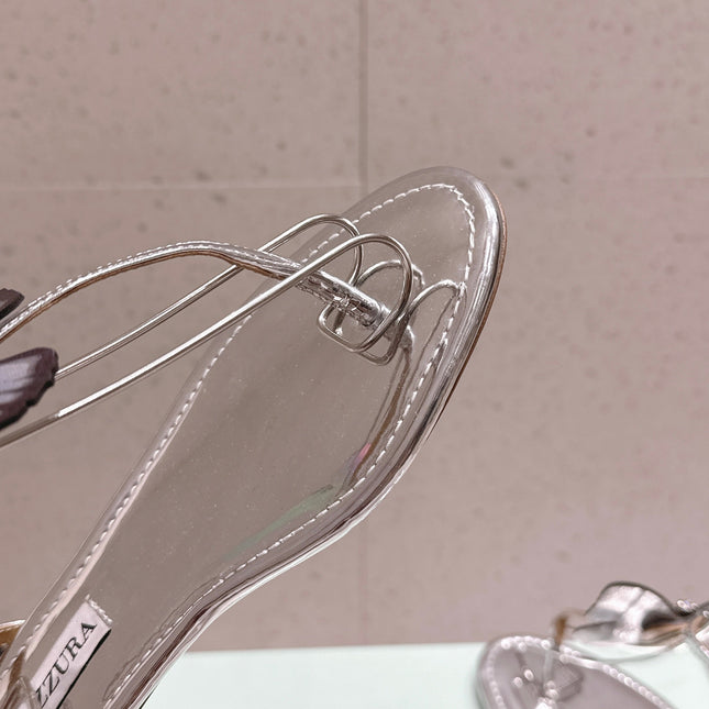 AQUAZZURA 26S BUTTERFLY THONG SANDALS IN SILVER LAMBSKIN
