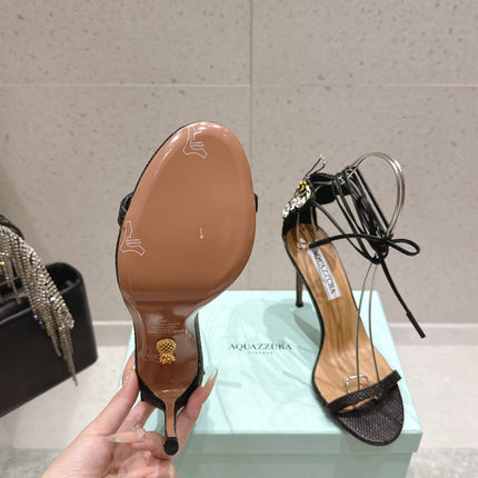 AQUAZZURA 26S BUTTERFLY LACE-UP HEELS 100 MM IN BLACK WOVEN TEXTURE