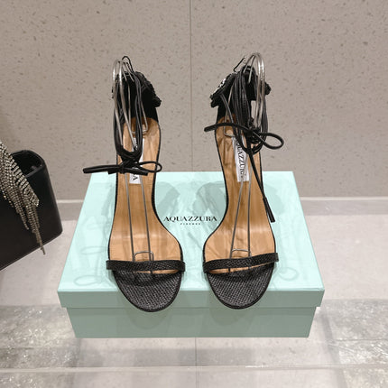 AQUAZZURA 26S BUTTERFLY LACE-UP HEELS 100 MM IN BLACK WOVEN TEXTURE