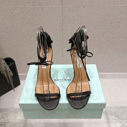 AQUAZZURA 26S BUTTERFLY LACE-UP HEELS 100 MM IN BLACK WOVEN TEXTURE