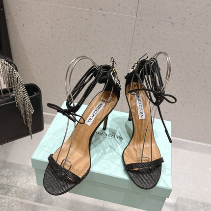 AQUAZZURA 26S BUTTERFLY LACE-UP HEELS 100 MM IN BLACK WOVEN TEXTURE