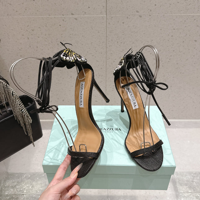 AQUAZZURA 26S BUTTERFLY LACE-UP HEELS 100 MM IN BLACK WOVEN TEXTURE