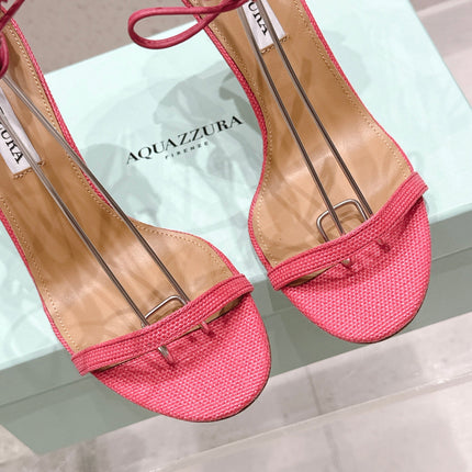 AQUAZZURA 26S BUTTERFLY LACE-UP HEELS 100 MM IN PINK WOVEN TEXTURE