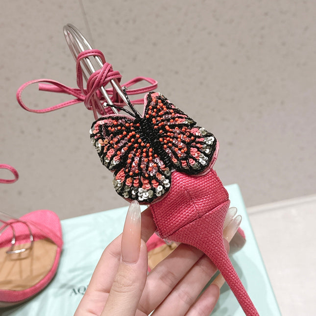 AQUAZZURA 26S BUTTERFLY LACE-UP HEELS 100 MM IN PINK WOVEN TEXTURE