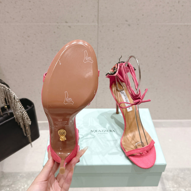 AQUAZZURA 26S BUTTERFLY LACE-UP HEELS 100 MM IN PINK WOVEN TEXTURE