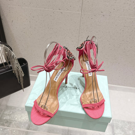 AQUAZZURA 26S BUTTERFLY LACE-UP HEELS 100 MM IN PINK WOVEN TEXTURE
