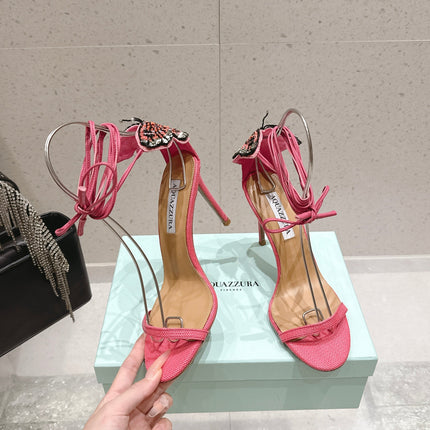 AQUAZZURA 26S BUTTERFLY LACE-UP HEELS 100 MM IN PINK WOVEN TEXTURE