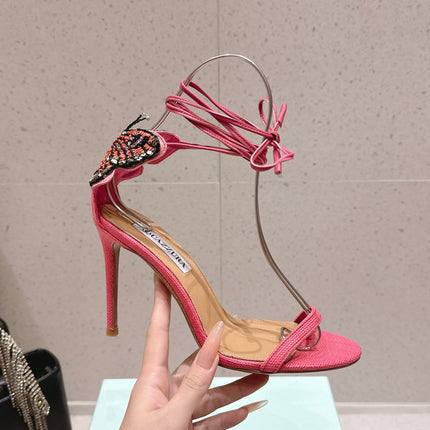 AQUAZZURA 26S BUTTERFLY LACE-UP HEELS 100 MM IN PINK WOVEN TEXTURE