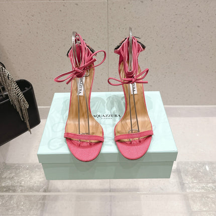 AQUAZZURA 26S BUTTERFLY LACE-UP HEELS 100 MM IN PINK WOVEN TEXTURE
