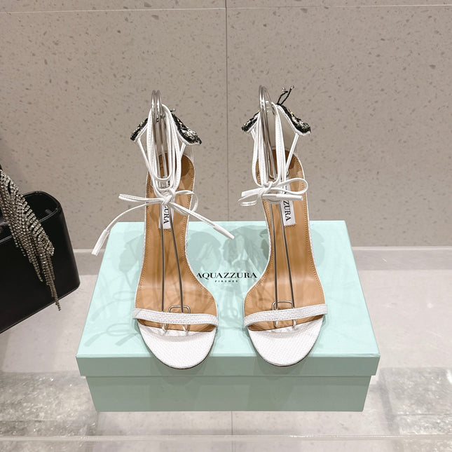 AQUAZZURA 26S BUTTERFLY LACE-UP HEELS 100 MM IN WHITE WOVEN TEXTURE