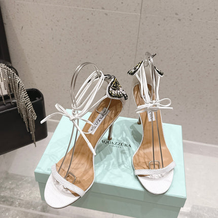 AQUAZZURA 26S BUTTERFLY LACE-UP HEELS 100 MM IN WHITE WOVEN TEXTURE