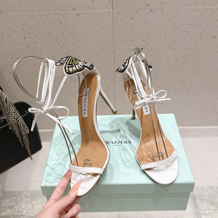 AQUAZZURA 26S BUTTERFLY LACE-UP HEELS 100 MM IN WHITE WOVEN TEXTURE