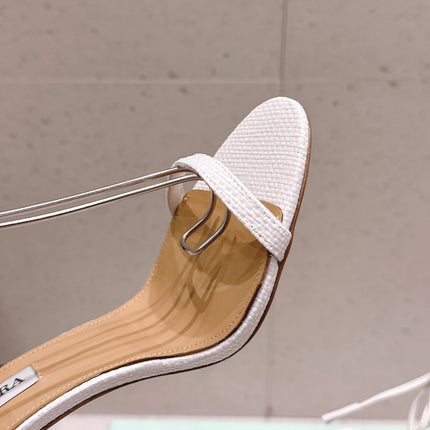 AQUAZZURA 26S BUTTERFLY LACE-UP HEELS 100 MM IN WHITE WOVEN TEXTURE