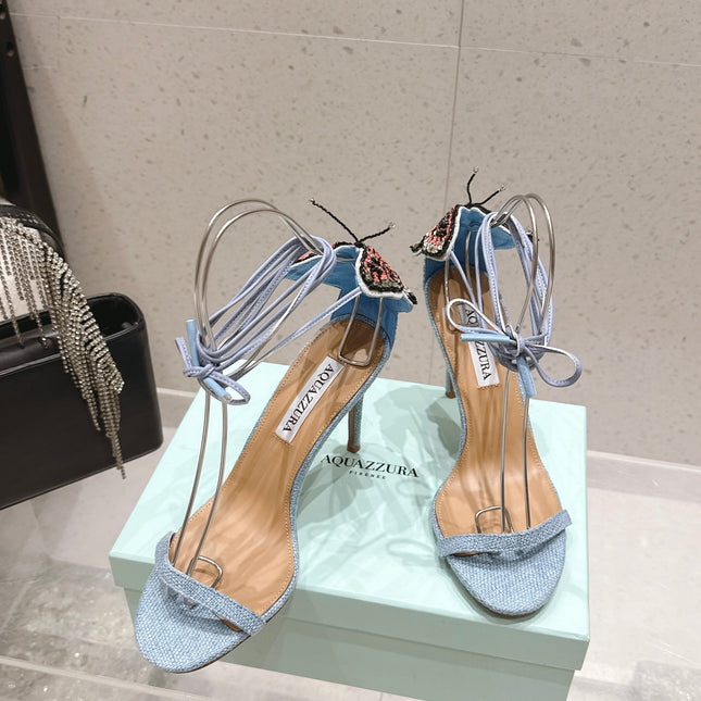 AQUAZZURA 26S BUTTERFLY LACE-UP HEELS 100 MM IN PASTEL BLUE FABRIC