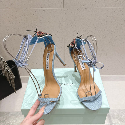 AQUAZZURA 26S BUTTERFLY LACE-UP HEELS 100 MM IN PASTEL BLUE FABRIC