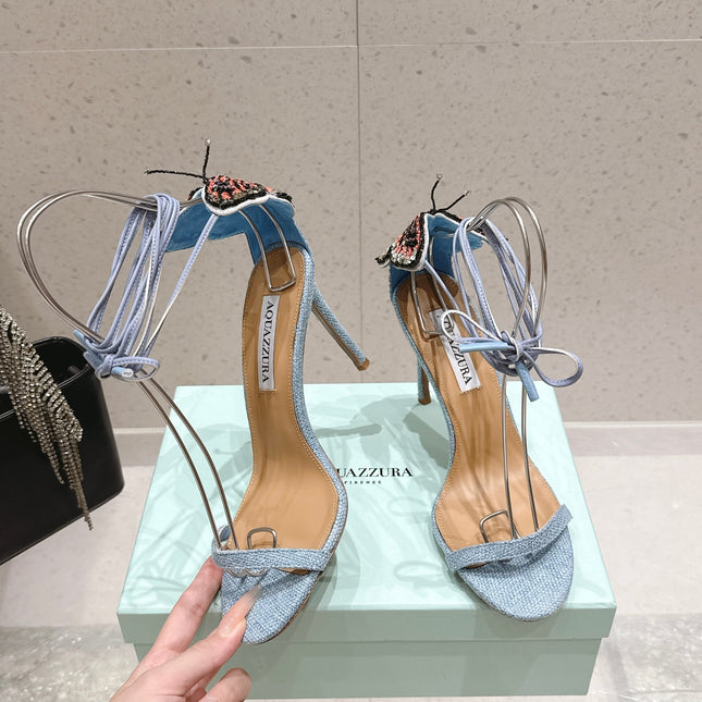 AQUAZZURA 26S BUTTERFLY LACE-UP HEELS 100 MM IN PASTEL BLUE FABRIC