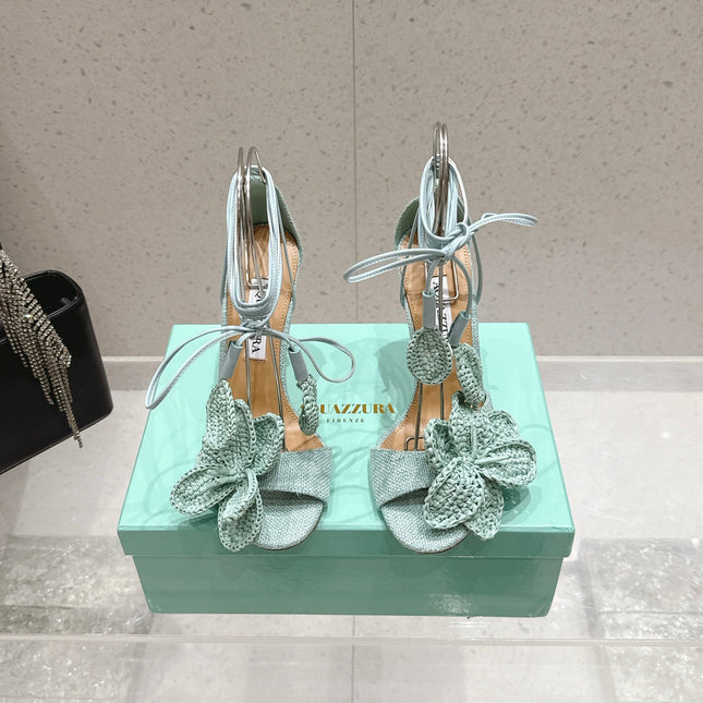 AQUAZZURA 26S FLORAL HEELS 100 MM IN MINT GREEN WOVEN RAFFIA