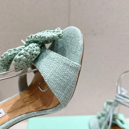 AQUAZZURA 26S FLORAL HEELS 100 MM IN MINT GREEN WOVEN RAFFIA