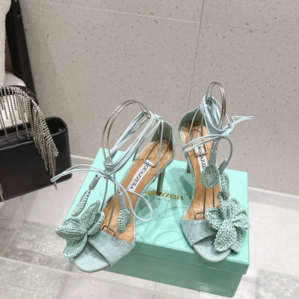 AQUAZZURA 26S FLORAL HEELS 100 MM IN MINT GREEN WOVEN RAFFIA