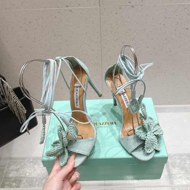 AQUAZZURA 26S FLORAL HEELS 100 MM IN MINT GREEN WOVEN RAFFIA