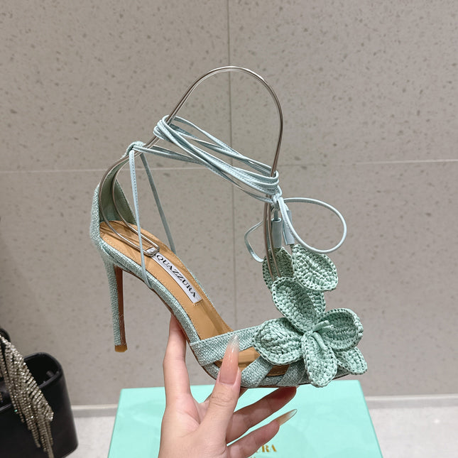 AQUAZZURA 26S FLORAL HEELS 100 MM IN MINT GREEN WOVEN RAFFIA