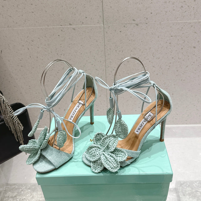 AQUAZZURA 26S FLORAL HEELS 100 MM IN MINT GREEN WOVEN RAFFIA