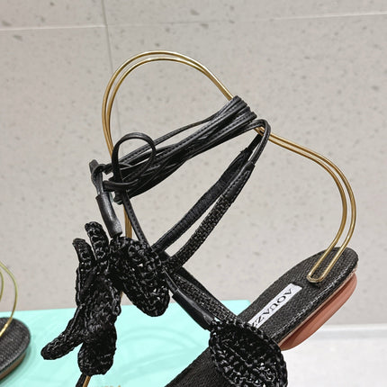 AQUAZZURA 26S FLORAL THONG SANDALS IN BLACK WOVEN RAFFIA
