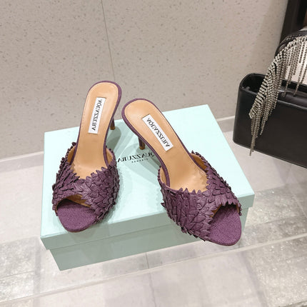 AQUAZZURA 26S HEELED MULES 80 MM IN DARK PURPLE WOVEN RAFFIA